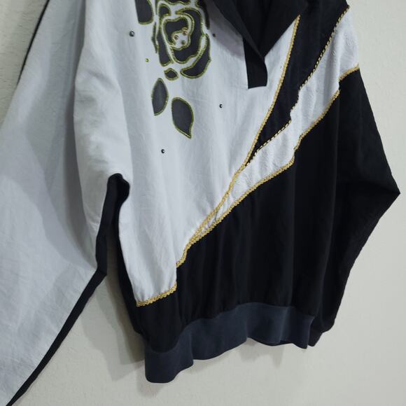 Vintage 80s Top Teddi Sport Womens 10 Black White Blouson Retro Floral D… - Picture 9 of 11